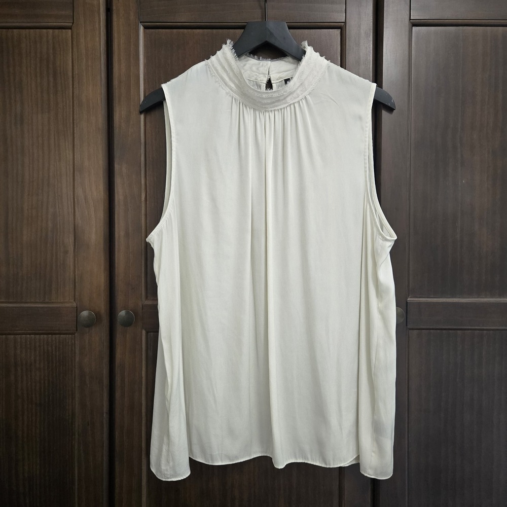 Worthington Womens XL Mock‎ Neck Tunic Flowy Raw Hem Detail White Boho Silky